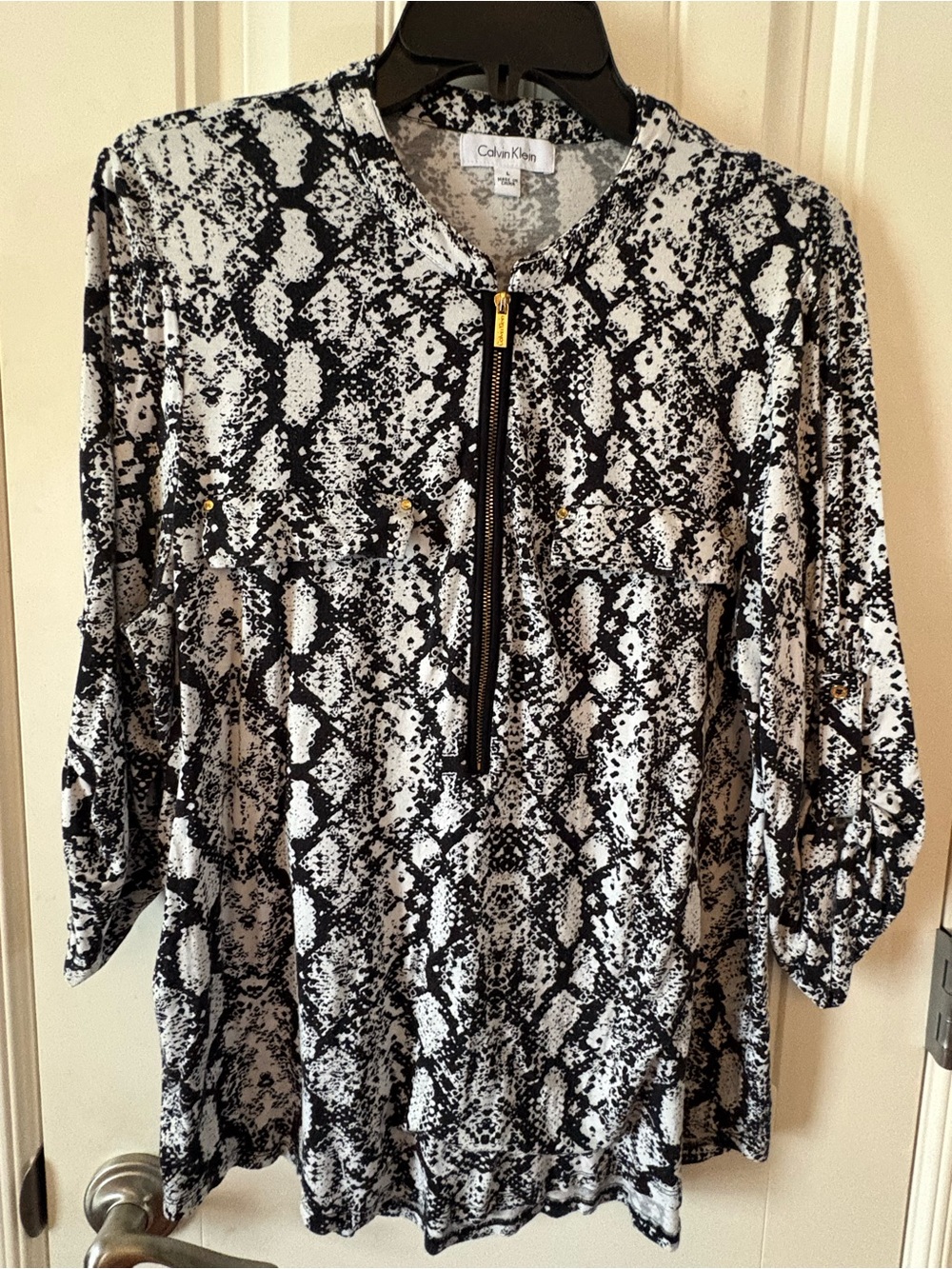 Calvin Klein Black & White Snake-Print Zip Tunic Top